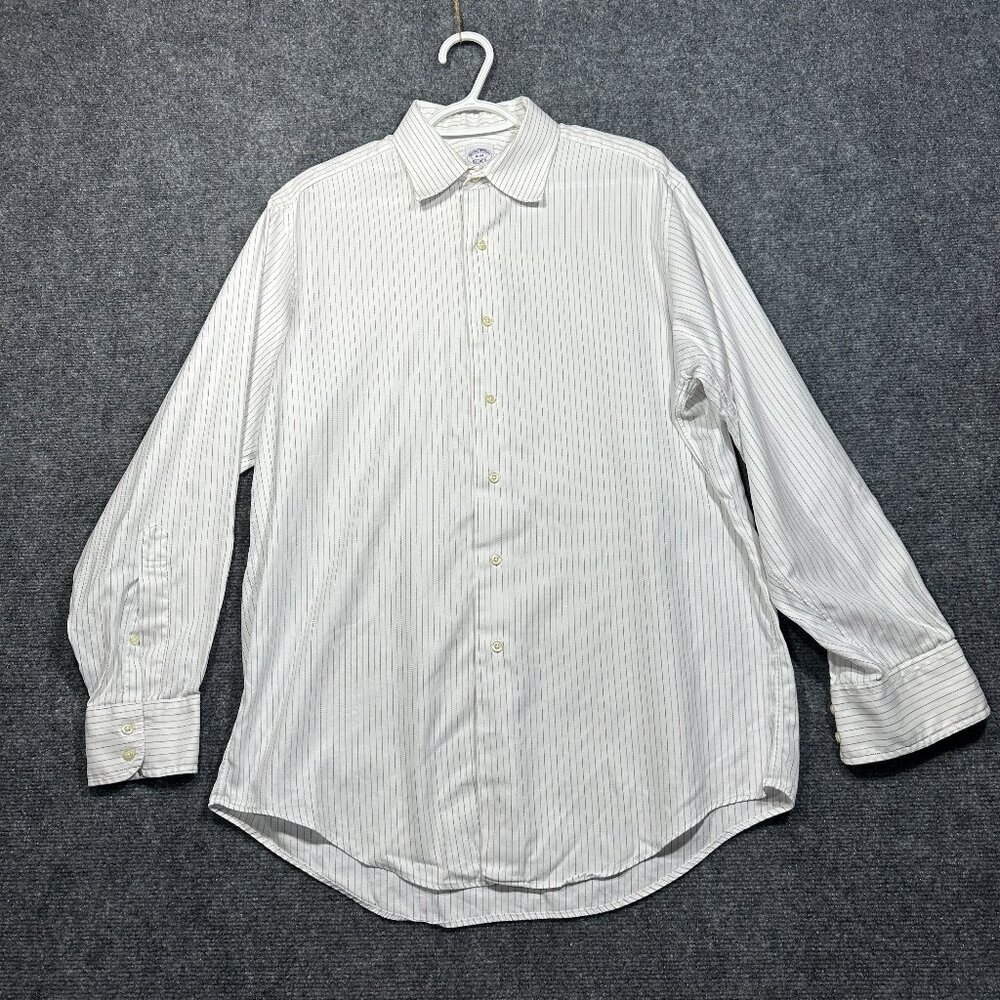Brooks Brothers Shirt Mens 16 White Red Blue Stripe Cotton Button Up Long Sleeve